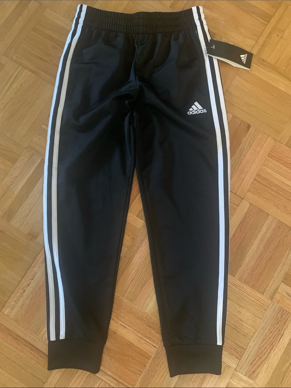NWT adidas Classic Jogger Pants Black w/ 3 White Stripes Child Size Small (8)